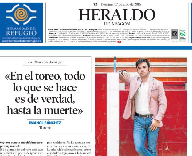 Imanol Sánchez en la contraportada de Heraldo de Aragón