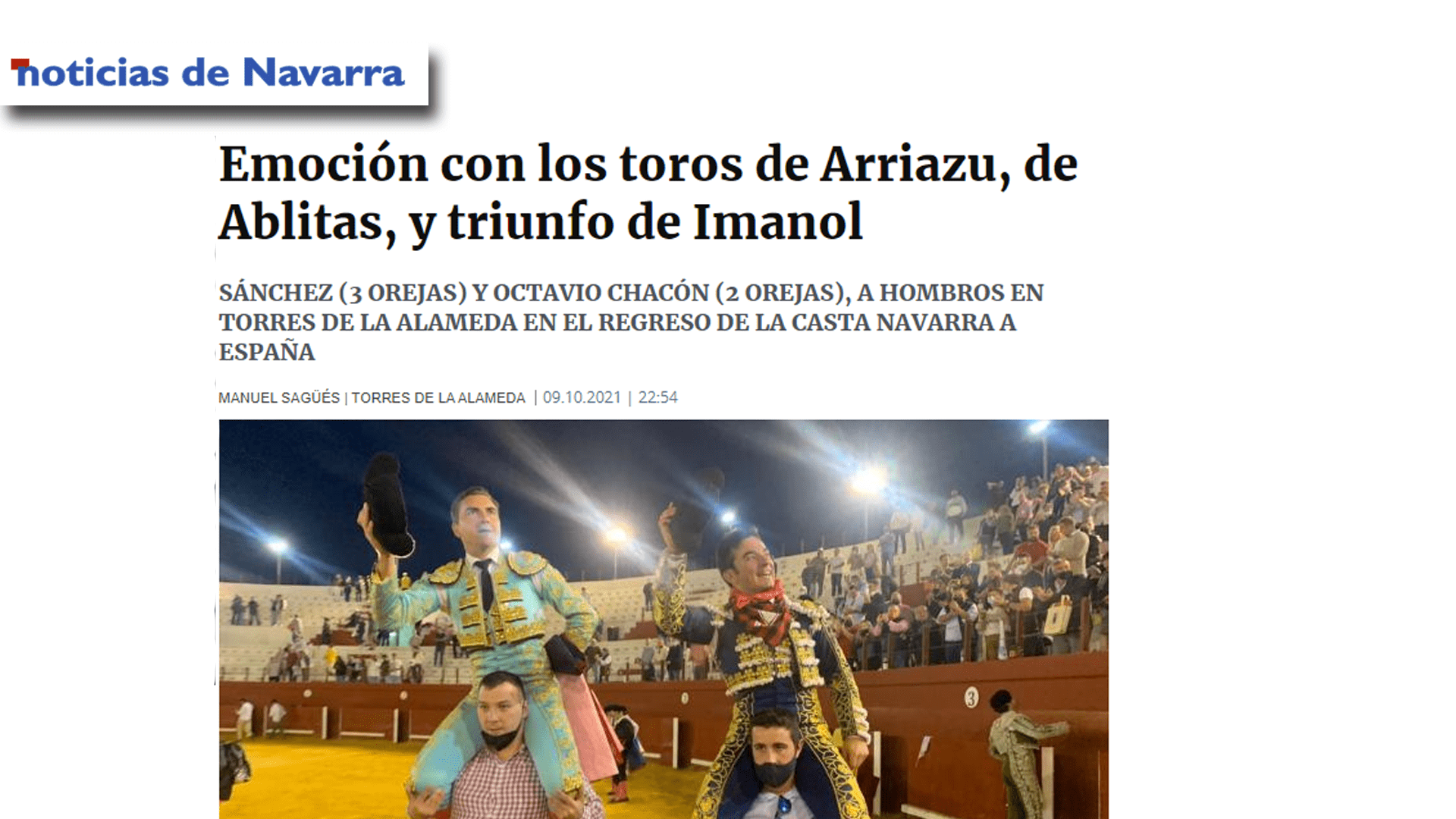 Imanol Sánchez Puerta Grande con Arriazu Portada Diario Noticias-min